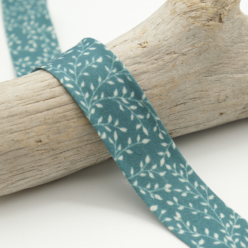 25MM Printed Bias Tape in Teal Leaf Pattern - Maison Klem